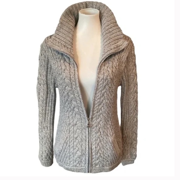 Aran Mor Merino Wool Irish Cable Knit Full Zip Cardigan Sz LG Oatmeal color - Picture 3 of 9